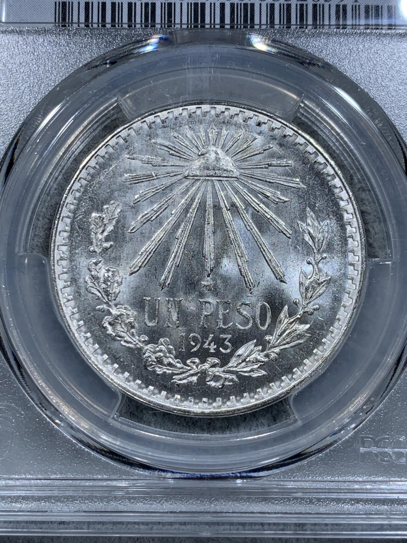 《竞宝斋》第314场 周日，周一，周二  3场连拍 （全场包邮） PCGS MS66 墨西哥1943年1比索鹰洋银币 底板光泽都很好