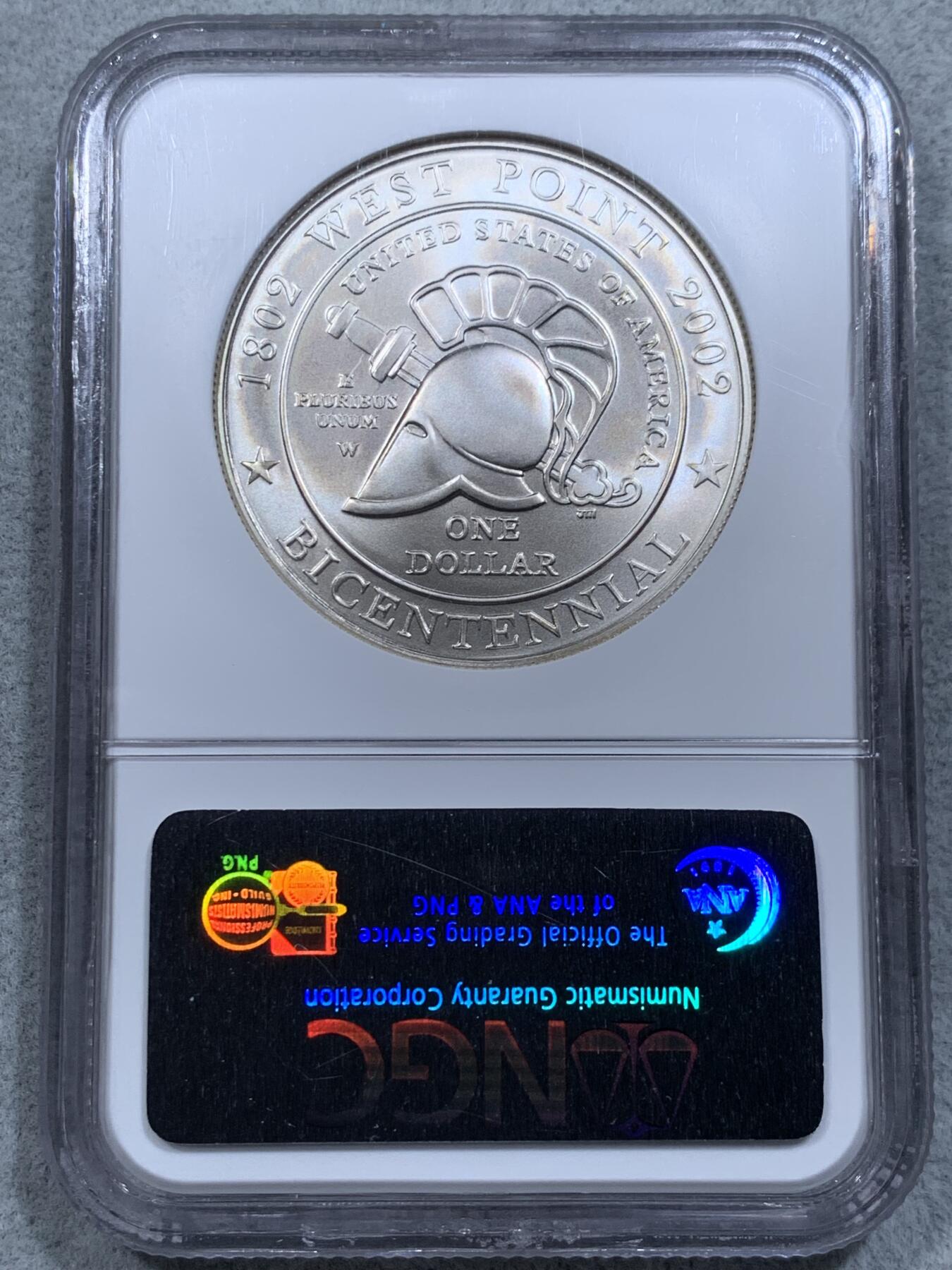 《竞宝斋》第314场 周日，周一，周二  3场连拍 （全场包邮） NGC MS70 美国2002年西点军校200周年1美元磨砂纪念银币（2004年克劳斯世界硬币大奖赛最佳克朗获奖币） 26.7g 38.1mm 900银