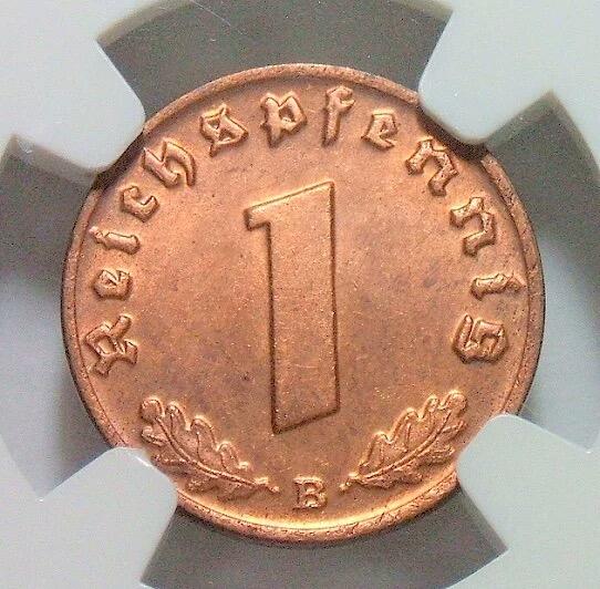 NGC MS63RB 德国第三帝国1938年B版1芬尼 难得开卷原光