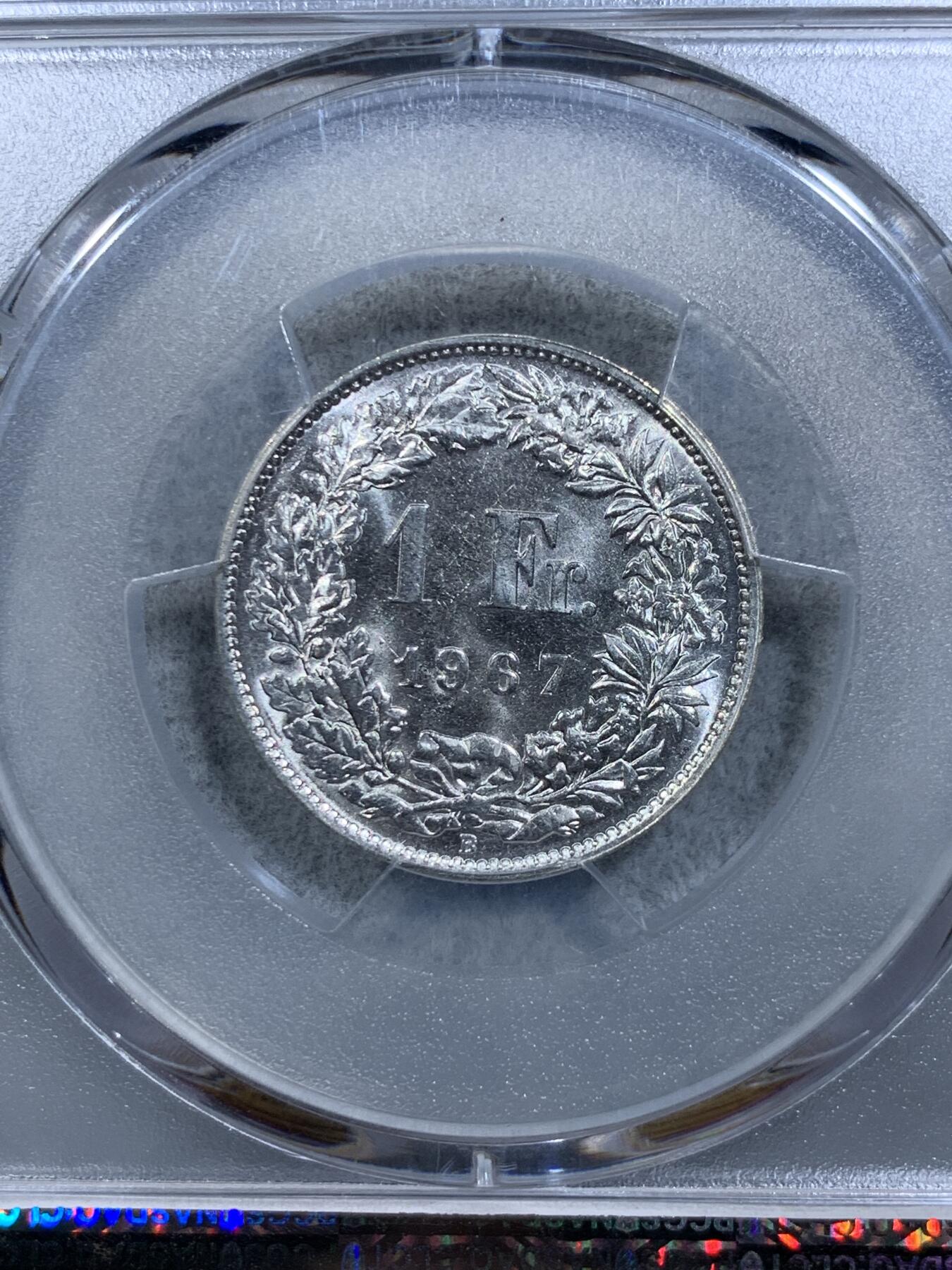 《竞宝斋》第314场 周日，周一，周二  3场连拍 （全场包邮） PCGS MS66 瑞士 1967年 1法郎 银币 高分 镜面光