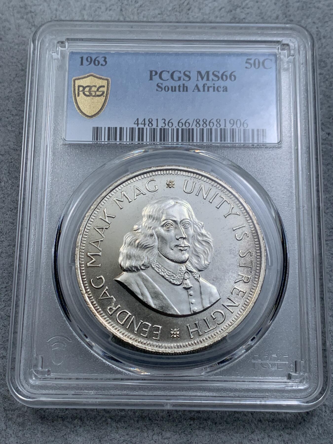 《竞宝斋》第314场 周日，周一，周二  3场连拍 （全场包邮） PCGS MS66 冠军分！1963 南非50分银币 两面转光 顶级品相 大热品种