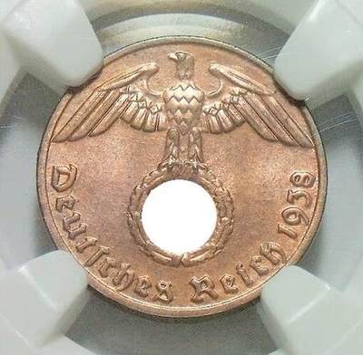 NGC MS65RB 德国第三帝国1938年E版1芬尼 难得开卷原光 - NGC MS65RB 德国第三帝国1938年E版1芬尼 难得开卷原光