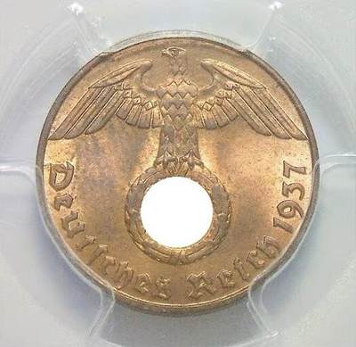 金盾PCGS MS64RB 德国第三帝国1937年J版1芬尼 难得开卷原光 - 金盾PCGS MS64RB 德国第三帝国1937年J版1芬尼 难得开卷原光
