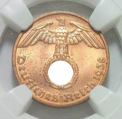 NGC MS64RD 德国第三帝国1938年D版1芬尼 难得开卷原光 - NGC MS64RD 德国第三帝国1938年D版1芬尼 难得开卷原光