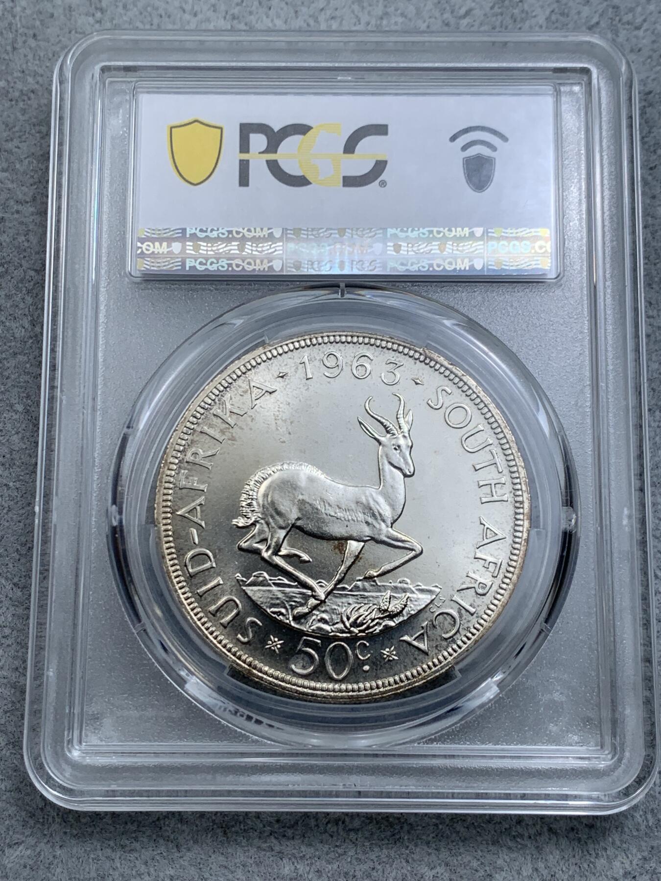 《竞宝斋》第314场 周日，周一，周二  3场连拍 （全场包邮） PCGS MS66 冠军分！1963 南非50分银币 两面转光 顶级品相 大热品种