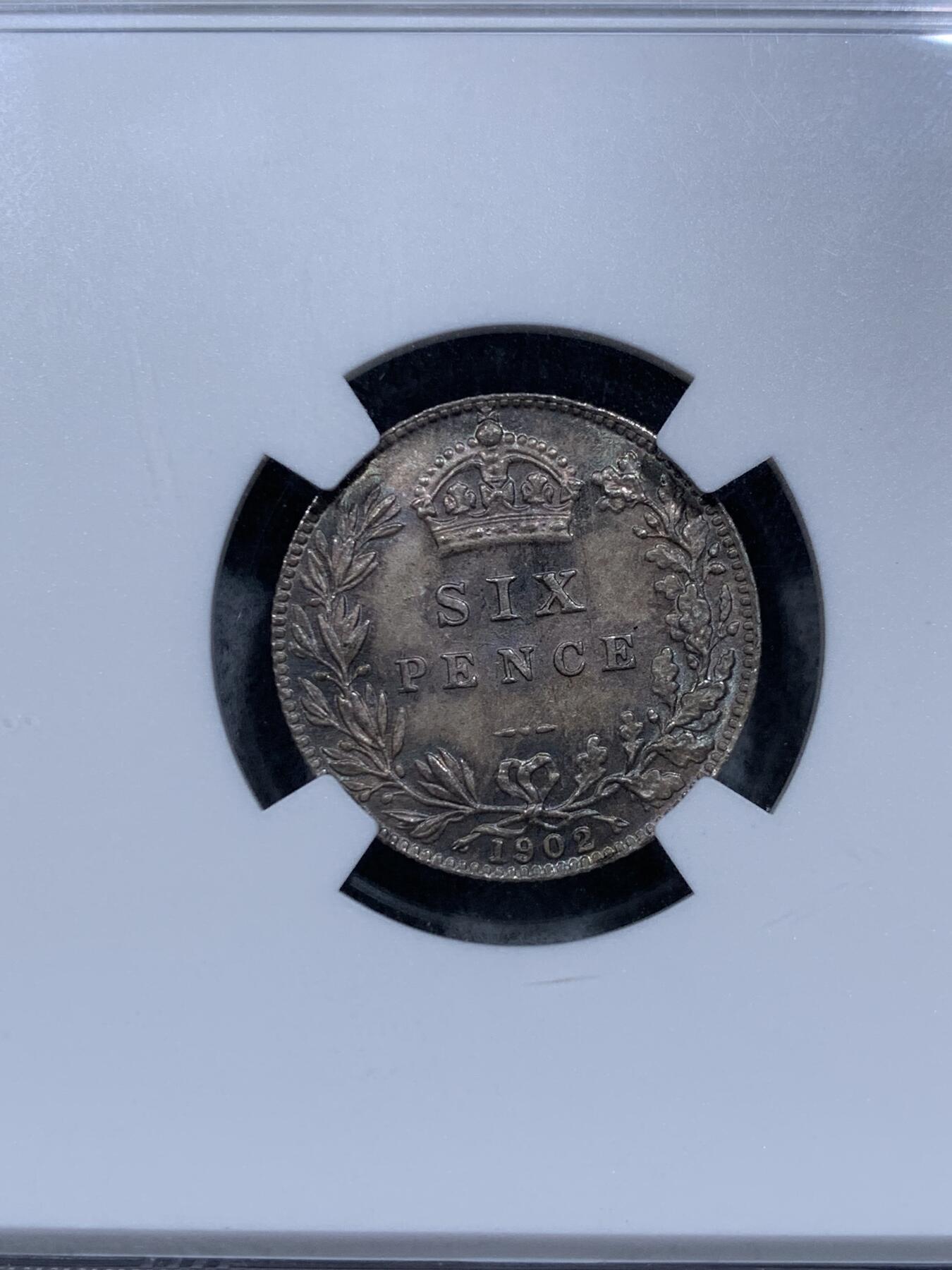 《竞宝斋》第314场 周日，周一，周二  3场连拍 （全场包邮） NGC MS63 英国 1902年 爱德华七世 6便士 银币 五彩包浆 普品好品比精制少的多 年份标错