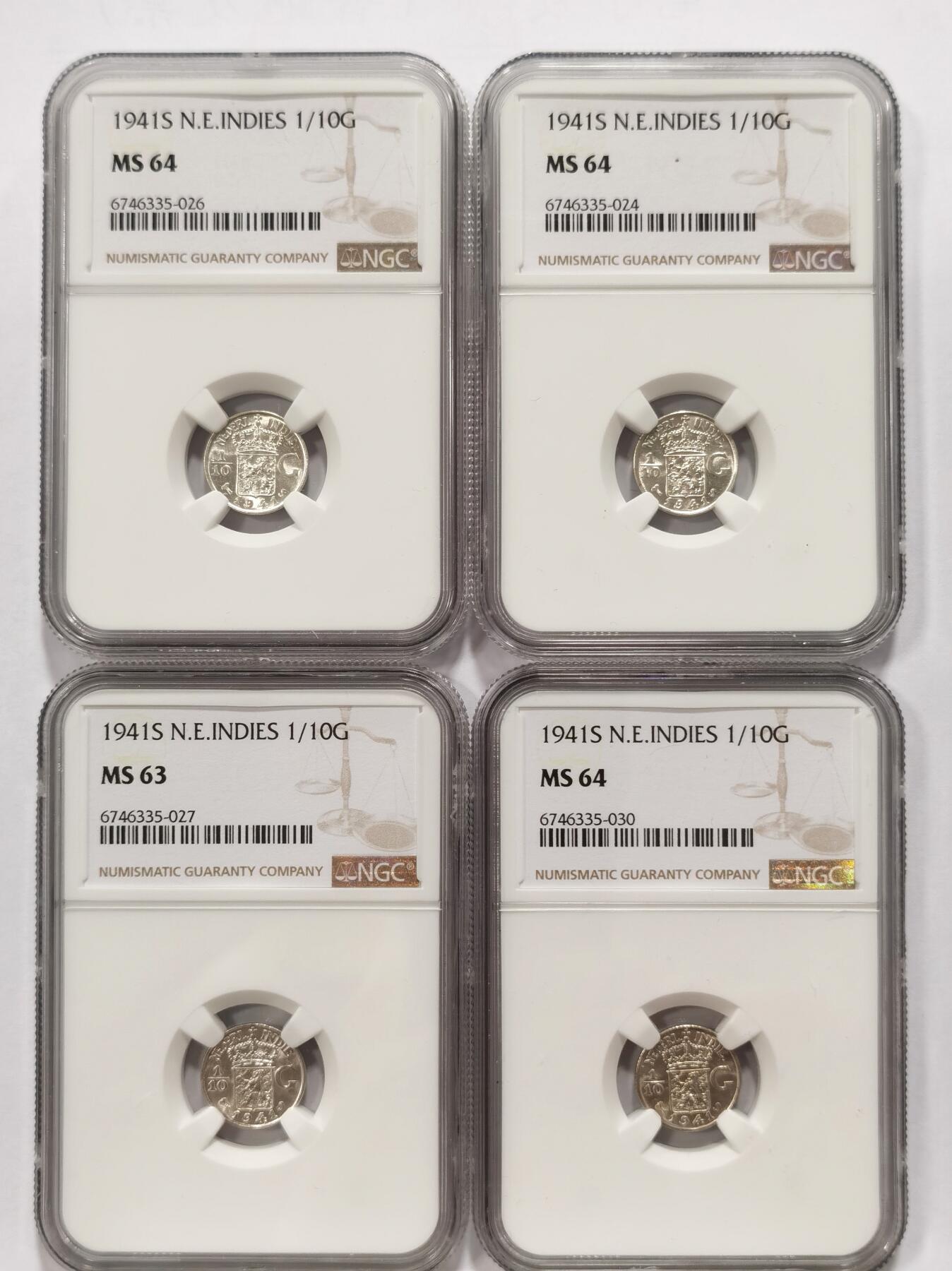 博洋堂世界钱币拍卖第094期（全场包邮） NGC MS63/64 荷属东印度1941年1/10盾银币4枚一组
