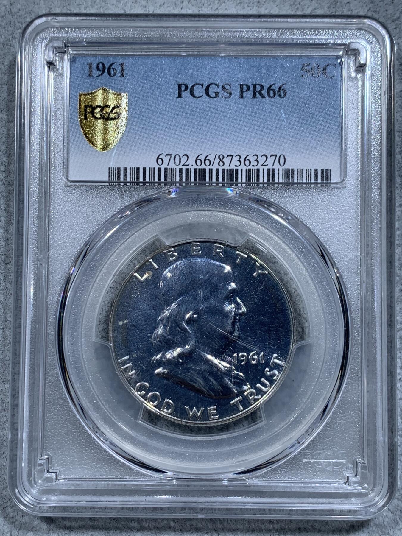 《竞宝斋》第314场 周日，周一，周二  3场连拍 （全场包邮） PCGS PR66 美国1961年50美分精制银币，经典的富兰克林，收藏级