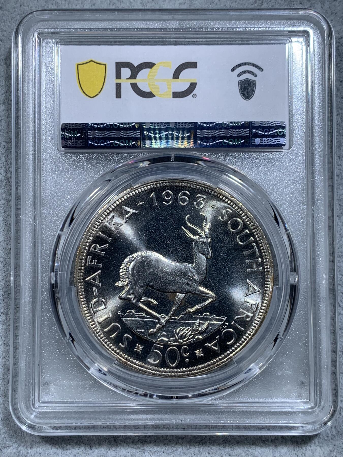 《竞宝斋》第314场 周日，周一，周二  3场连拍 （全场包邮） PCGS MS66 冠军分！1963 南非50分银币 两面转光 顶级品相 大热品种