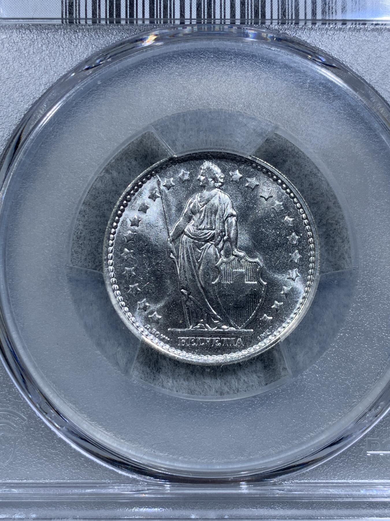 《竞宝斋》第314场 周日，周一，周二  3场连拍 （全场包邮） PCGS MS66 瑞士 1967年 1法郎 银币 高分 镜面光