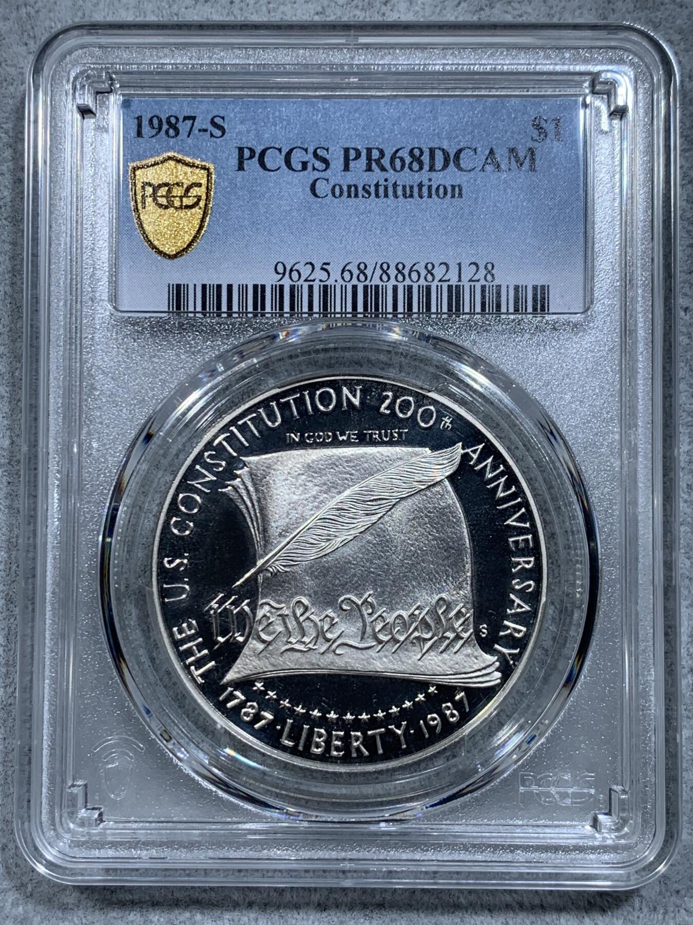 《竞宝斋》第314场 周日，周一，周二  3场连拍 （全场包邮） PCGS PR68DCAM 美国1987年纪念美国宪法200周年精制高银纪念银币，克劳斯获奖币，做工精细，无氧化，光度非常好，镜面工艺