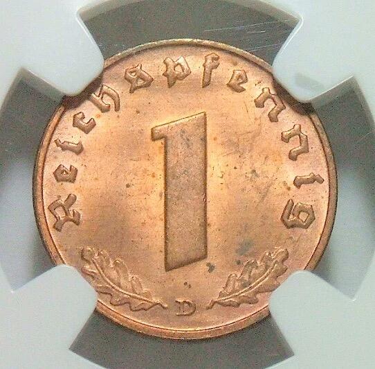 NGC MS64RD 德国第三帝国1938年D版1芬尼 难得开卷原光