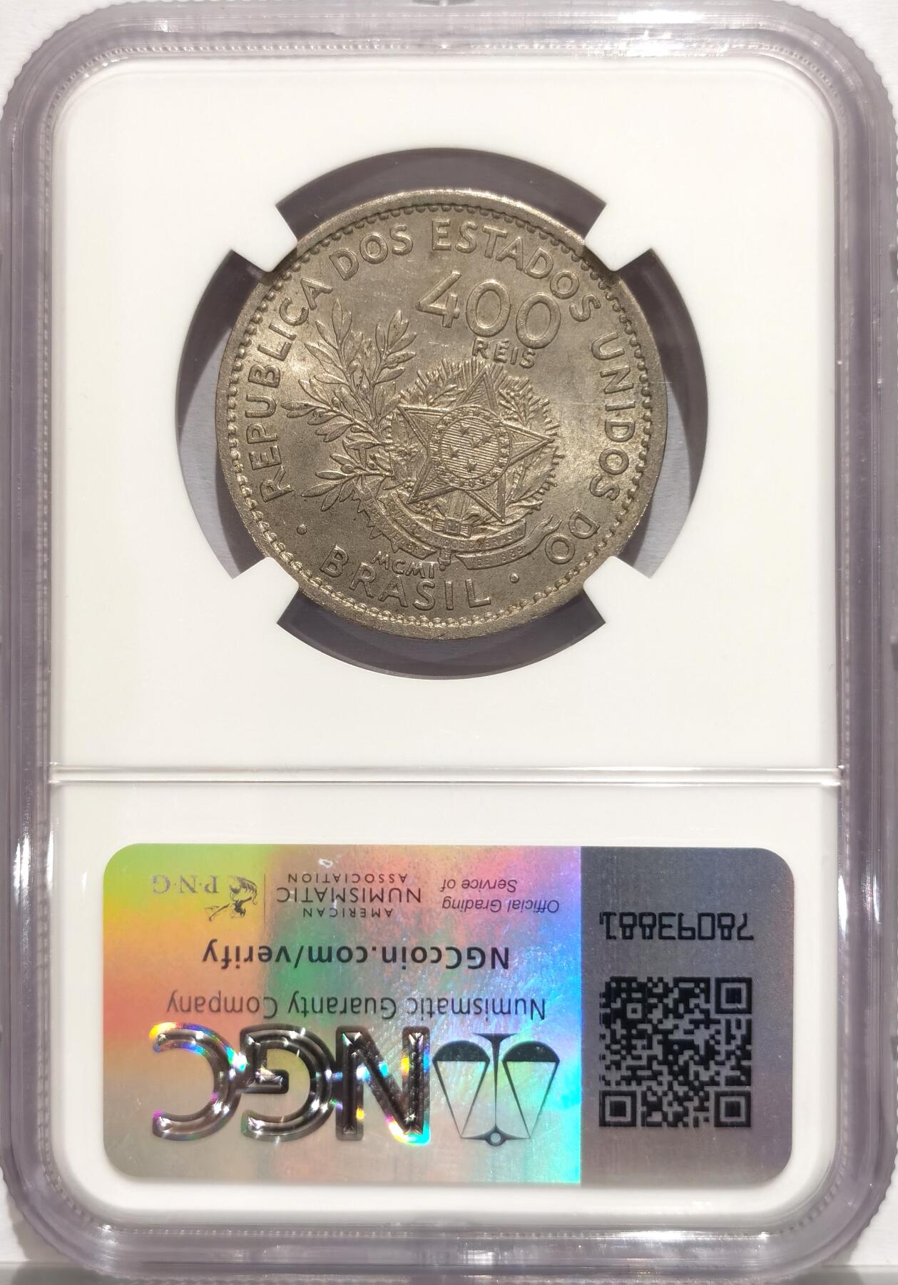博洋堂世界钱币拍卖第094期（全场包邮） NGC MS64 巴西1901年400瑞斯自由女神镍币