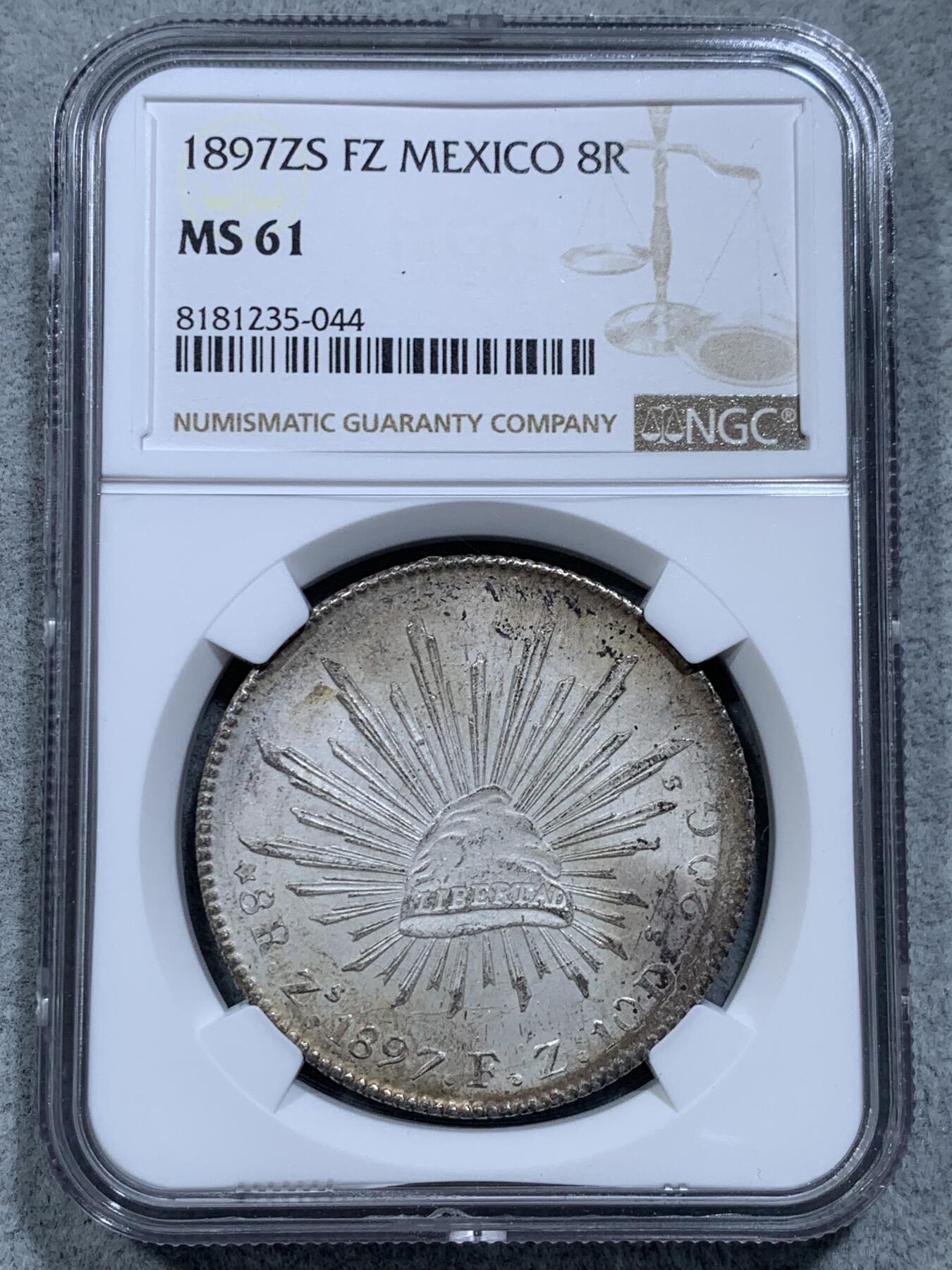《竞宝斋》第314场 周日，周一，周二  3场连拍 （全场包邮） NGC MS61 墨西哥 1897ZS FZ 8R花边鹰洋 银币
