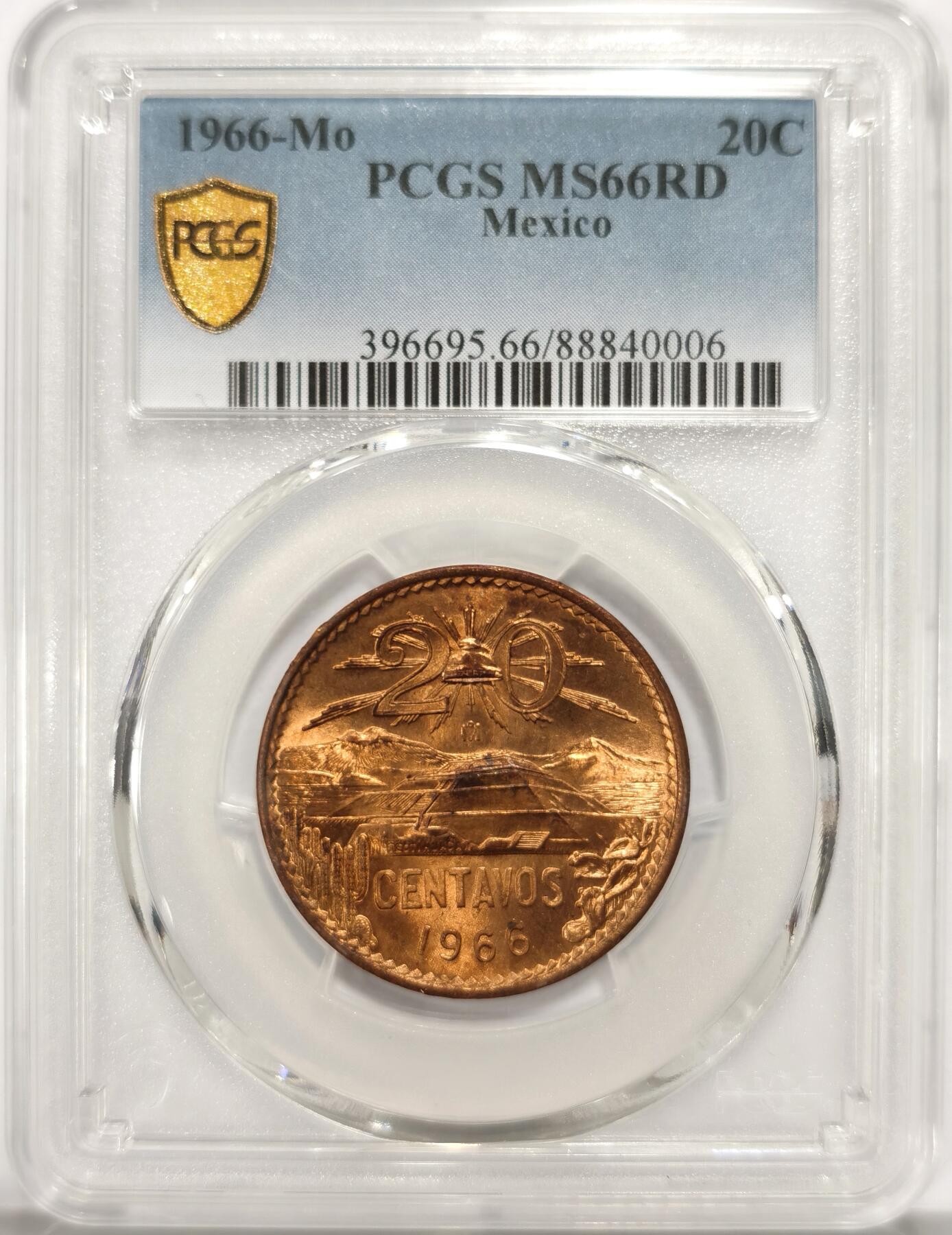 博洋堂世界钱币拍卖第094期（全场包邮） PCGS MS66RD 墨西哥1966年20分鹰洋铜币，顶级RD状态，仅有5枚更高分