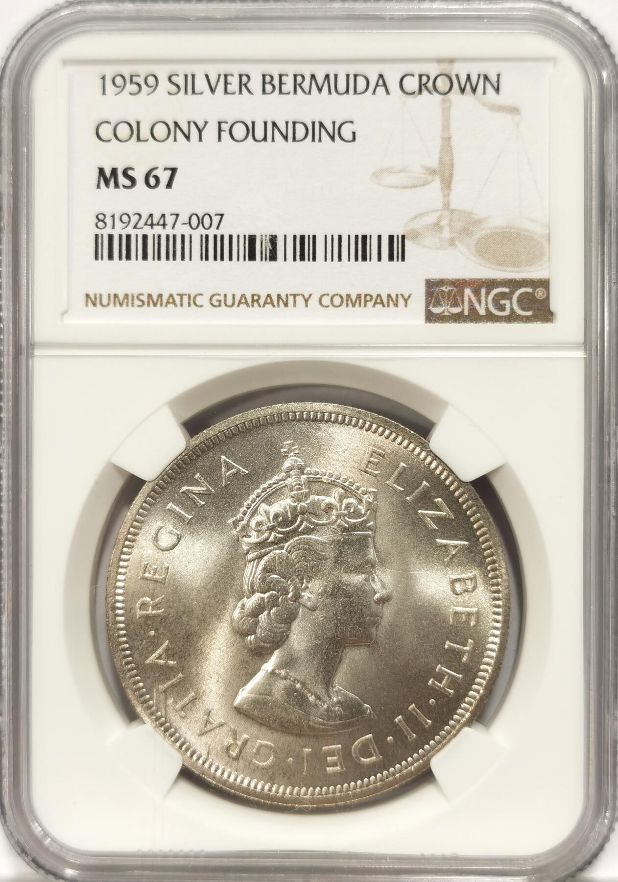 博洋堂世界钱币拍卖第094期（全场包邮） NGC MS67 英属百慕大1959年伊丽莎白二世1克朗银币，殖民地发现350周年纪念，巅峰级分数