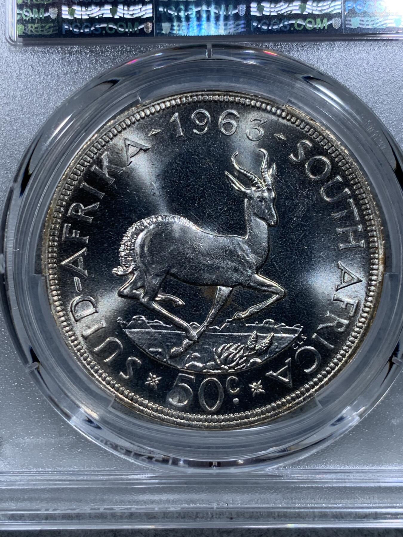 《竞宝斋》第314场 周日，周一，周二  3场连拍 （全场包邮） PCGS MS66 冠军分！1963 南非50分银币 两面转光 顶级品相 大热品种