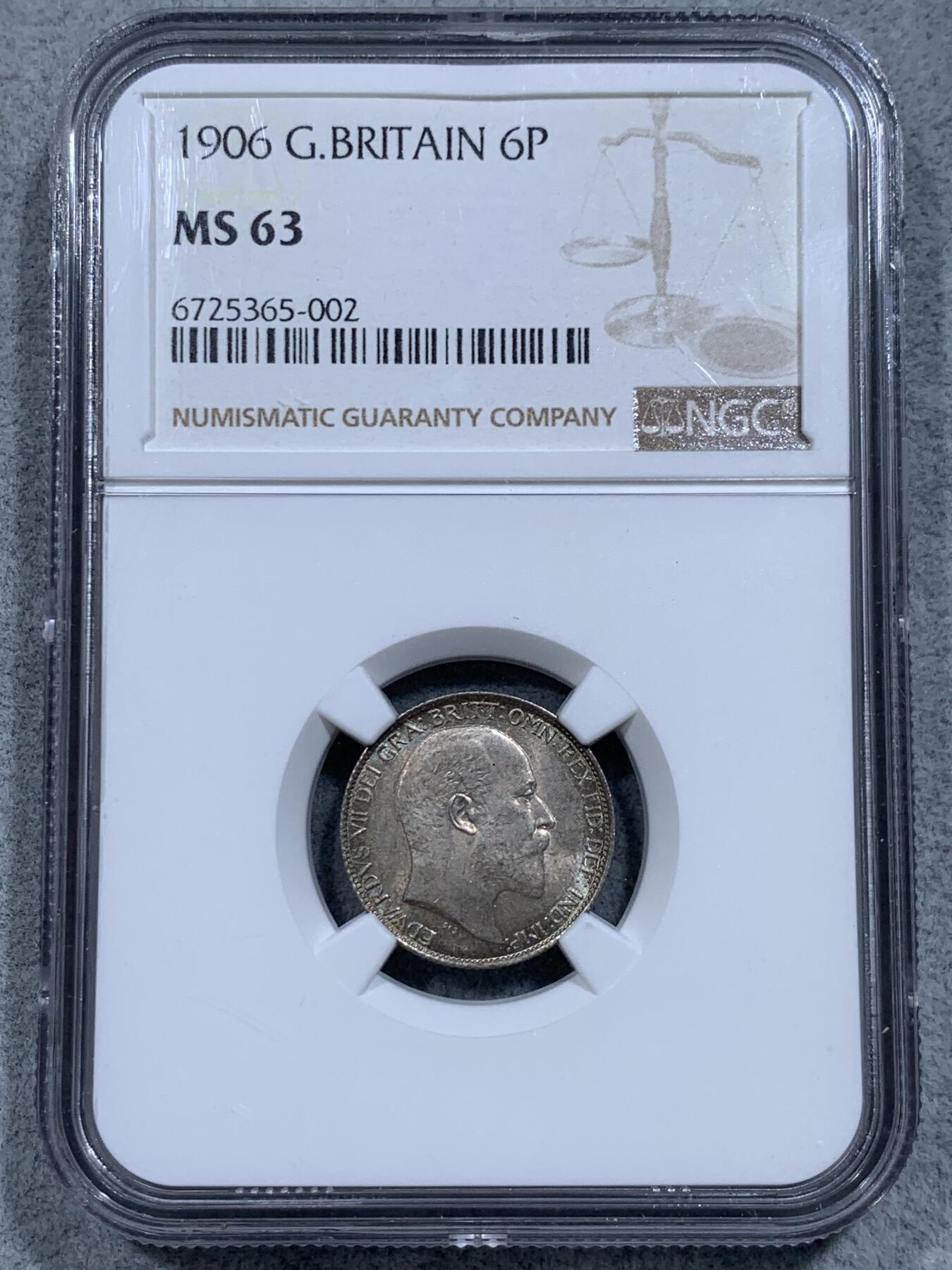 《竞宝斋》第314场 周日，周一，周二  3场连拍 （全场包邮） NGC MS63 英国 1902年 爱德华七世 6便士 银币 五彩包浆 普品好品比精制少的多 年份标错