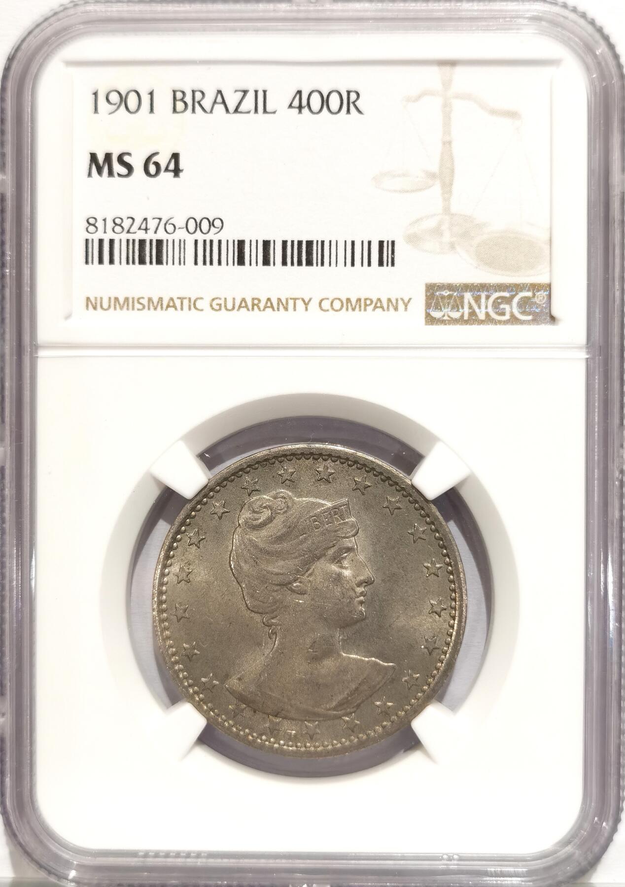 博洋堂世界钱币拍卖第094期（全场包邮） NGC MS64 巴西1901年400瑞斯自由女神镍币