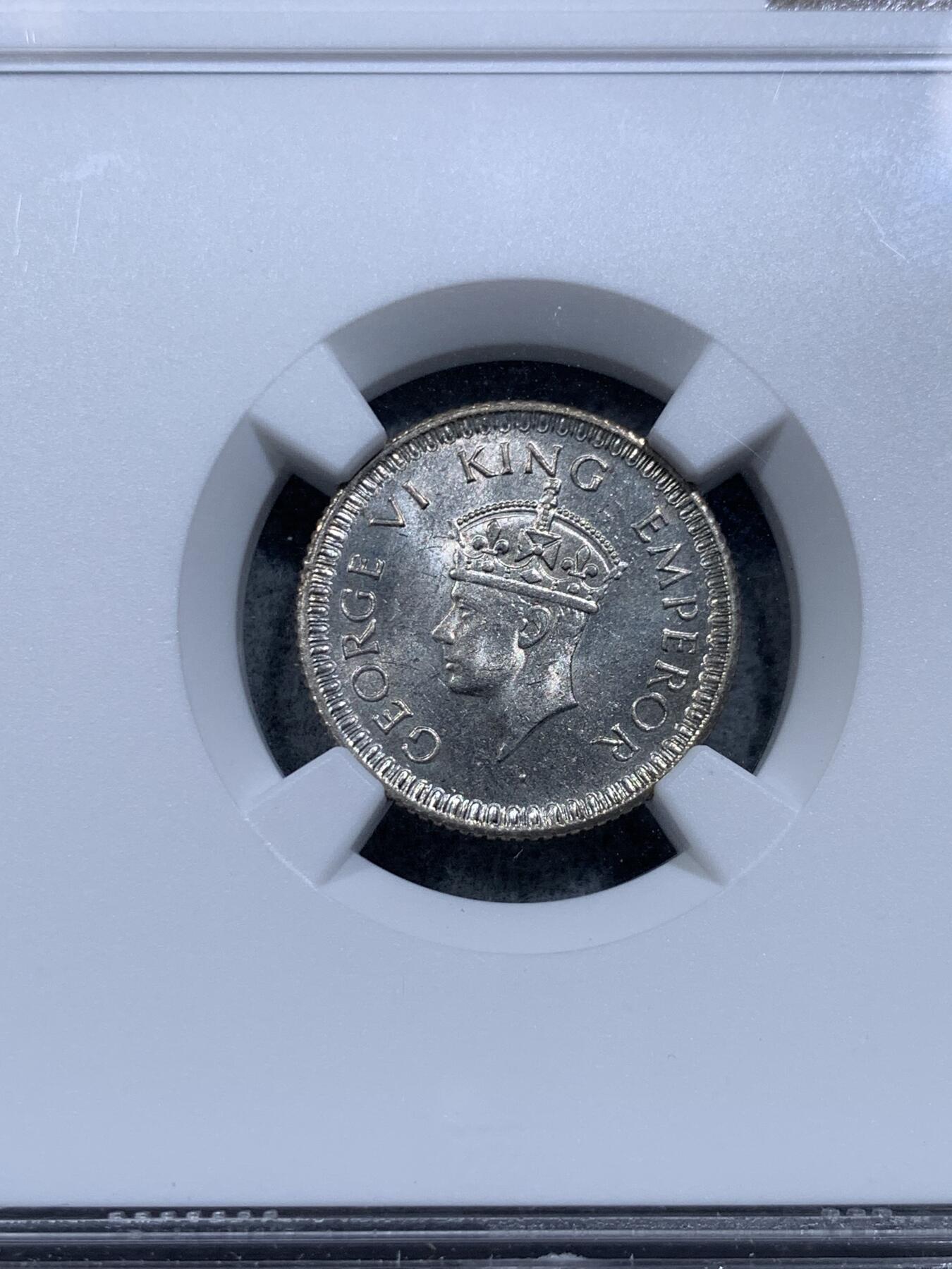 《竞宝斋》第314场 周日，周一，周二  3场连拍 （全场包邮） NGC MS63 英属印度 1943年C 乔治六世 1/4卢比 银币 小面值少见