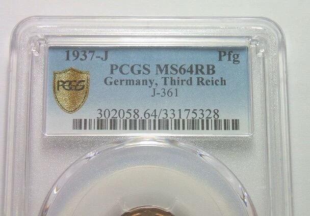 金盾PCGS MS64RB 德国第三帝国1937年J版1芬尼 难得开卷原光