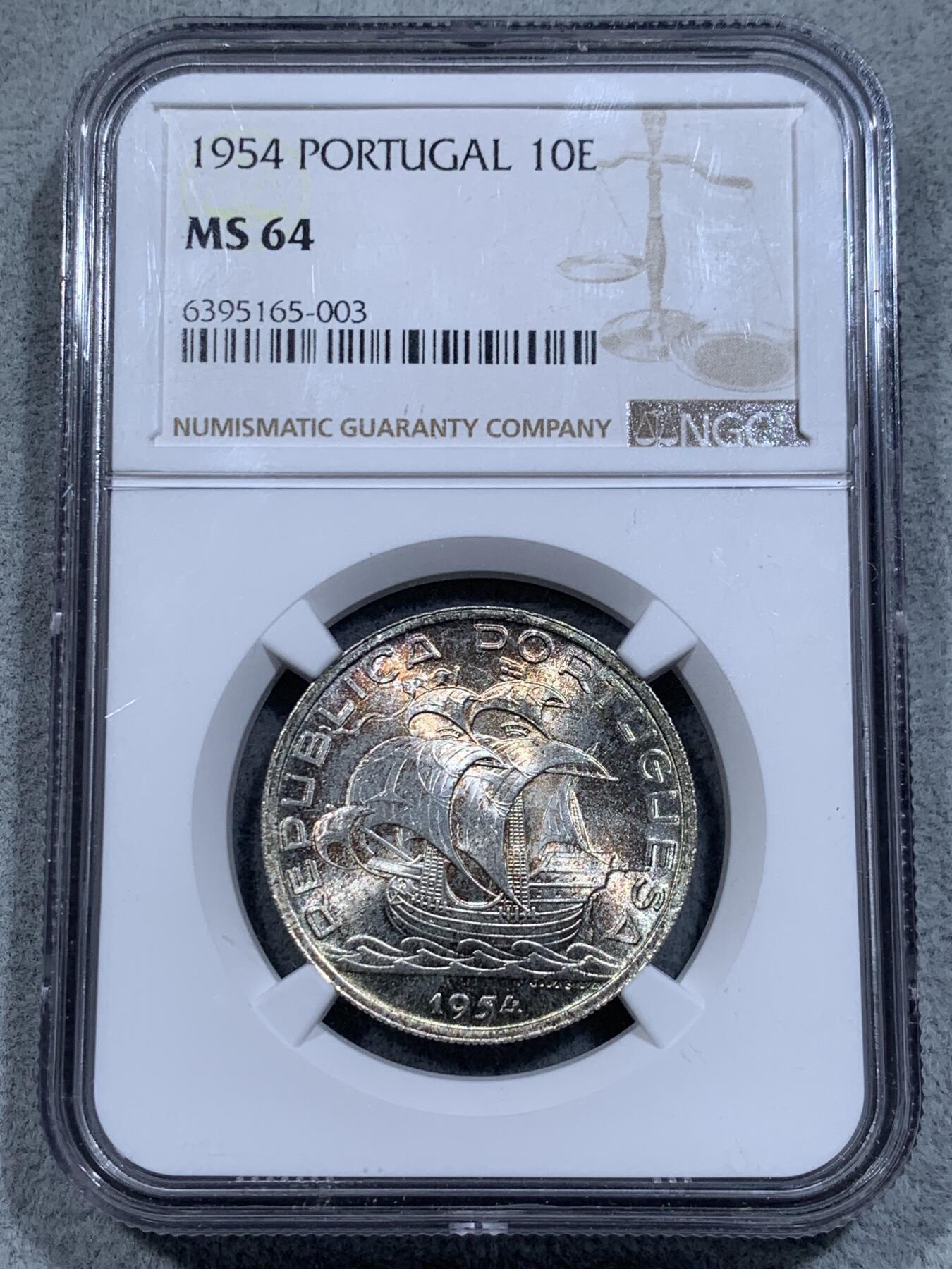 《竞宝斋》第314场 周日，周一，周二  3场连拍 （全场包邮） NGC MS64 葡萄牙 1954年 帆船 10埃斯库多 银币 五彩包浆