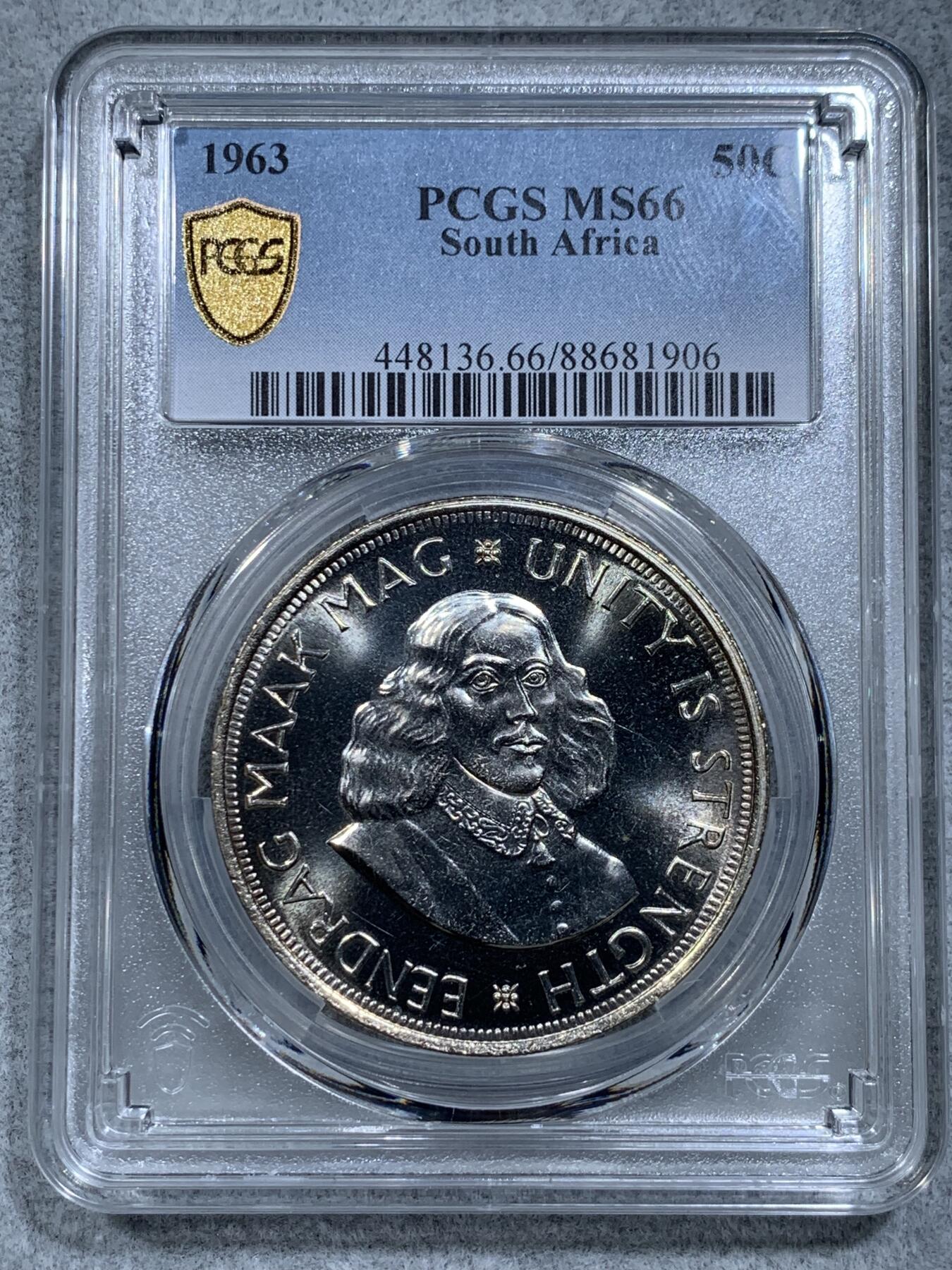 《竞宝斋》第314场 周日，周一，周二  3场连拍 （全场包邮） PCGS MS66 冠军分！1963 南非50分银币 两面转光 顶级品相 大热品种