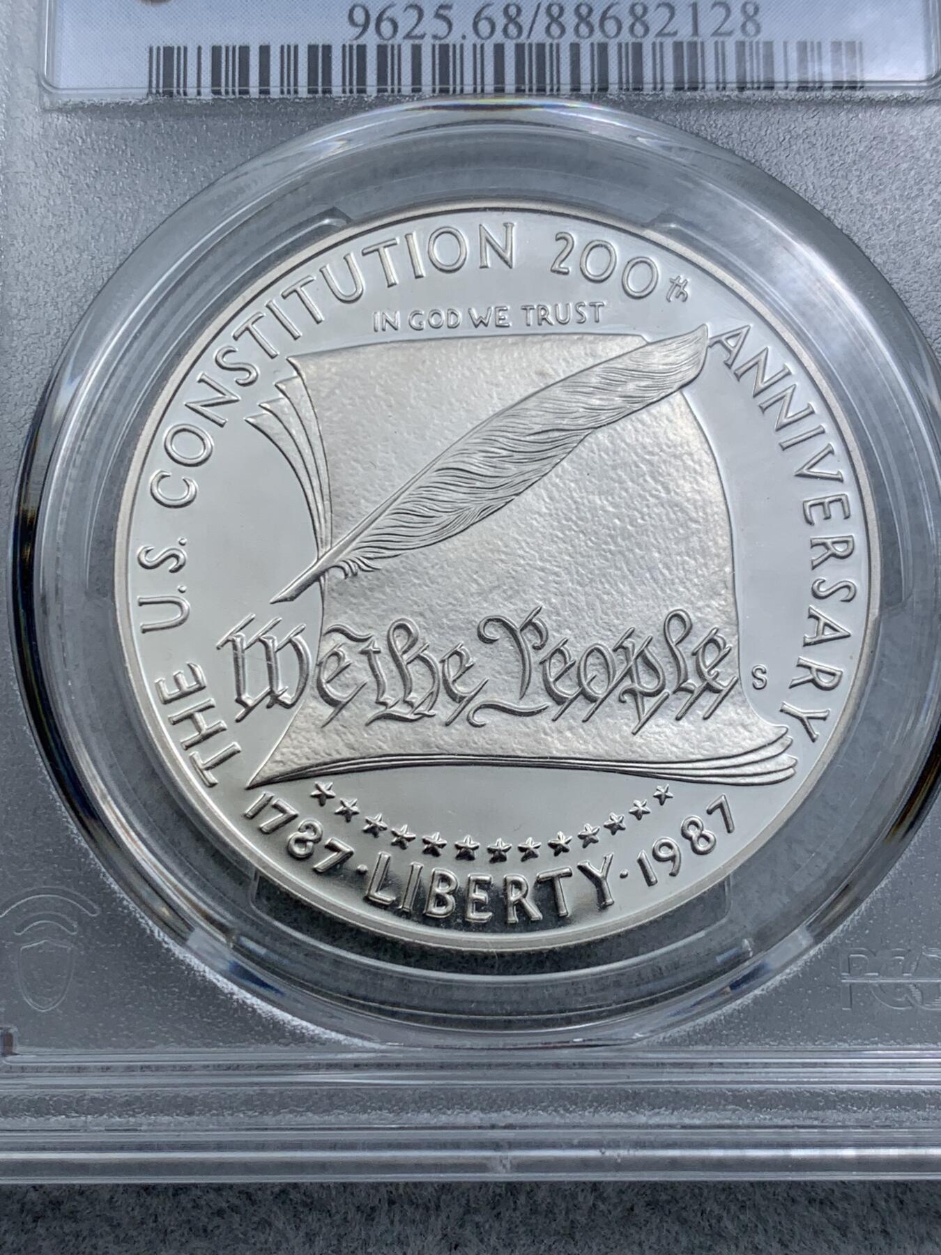 《竞宝斋》第314场 周日，周一，周二  3场连拍 （全场包邮） PCGS PR68DCAM 美国1987年纪念美国宪法200周年精制高银纪念银币，克劳斯获奖币，做工精细，无氧化，光度非常好，镜面工艺