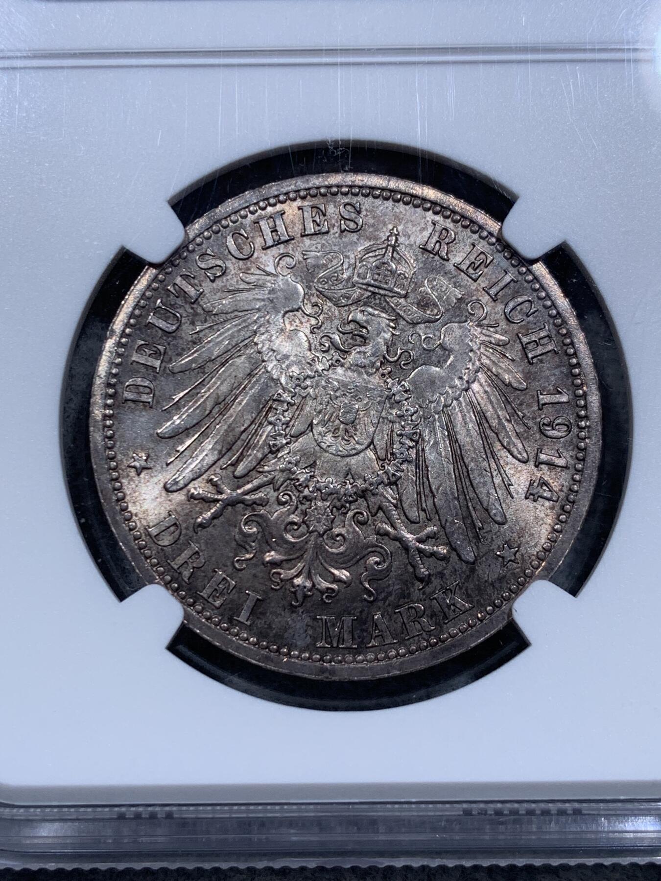 《竞宝斋》第314场 周日，周一，周二  3场连拍 （全场包邮） NGC MS63 德国 1914年 普鲁士 军装 3马克 银币 黄油彩