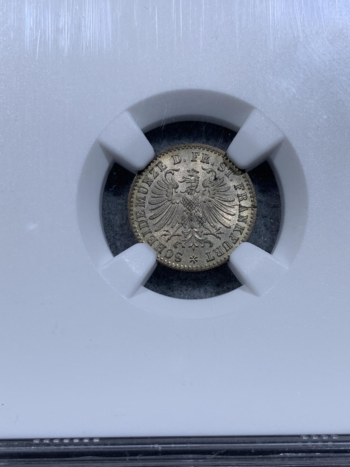 《竞宝斋》第314场 周日，周一，周二  3场连拍 （全场包邮） NGC MS67 德国法兰克福 1866年 1K 1克鲁泽 银币 淡黄彩 高分 少见辅币
