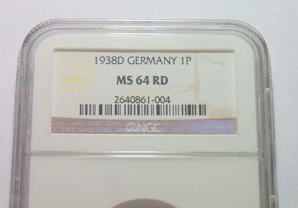 NGC MS64RD 德国第三帝国1938年D版1芬尼 难得开卷原光