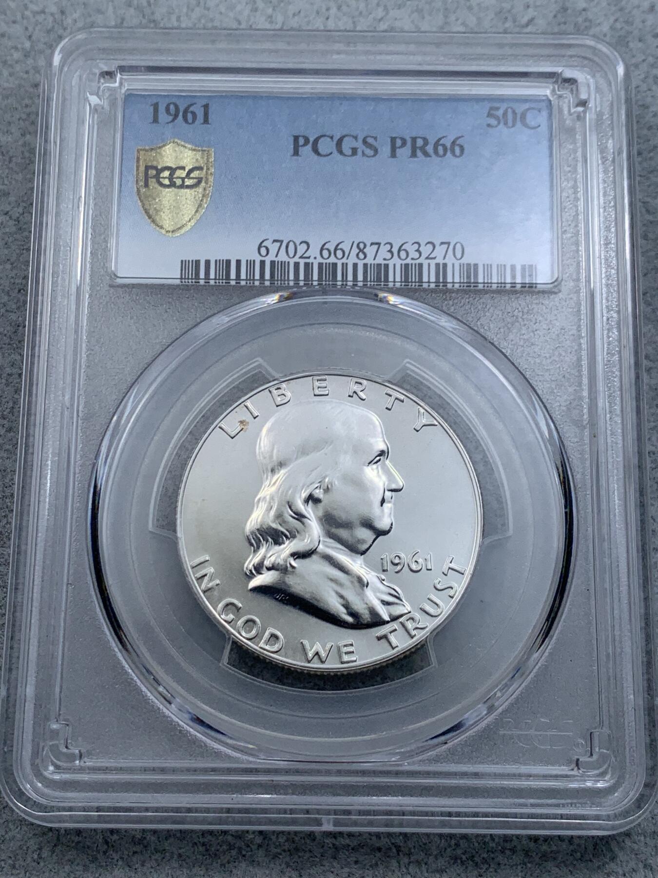 《竞宝斋》第314场 周日，周一，周二  3场连拍 （全场包邮） PCGS PR66 美国1961年50美分精制银币，经典的富兰克林，收藏级