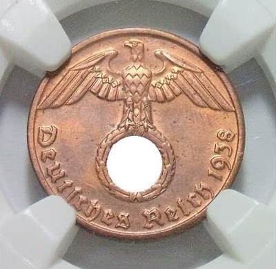 NGC MS63RB 德国第三帝国1938年B版1芬尼 难得开卷原光 - NGC MS63RB 德国第三帝国1938年B版1芬尼 难得开卷原光
