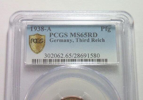 金盾PCGS MS65RD 德国第三帝国1938年1芬尼 难得开卷原光