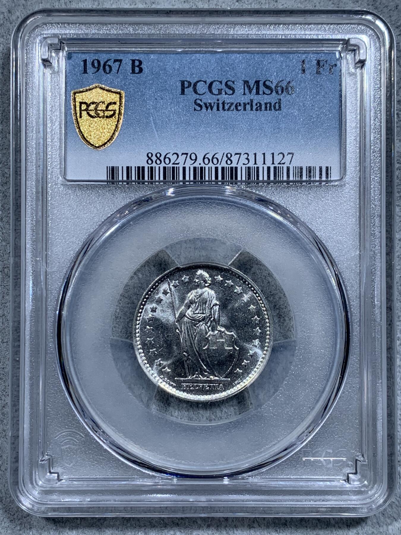 《竞宝斋》第314场 周日，周一，周二  3场连拍 （全场包邮） PCGS MS66 瑞士 1967年 1法郎 银币 高分 镜面光
