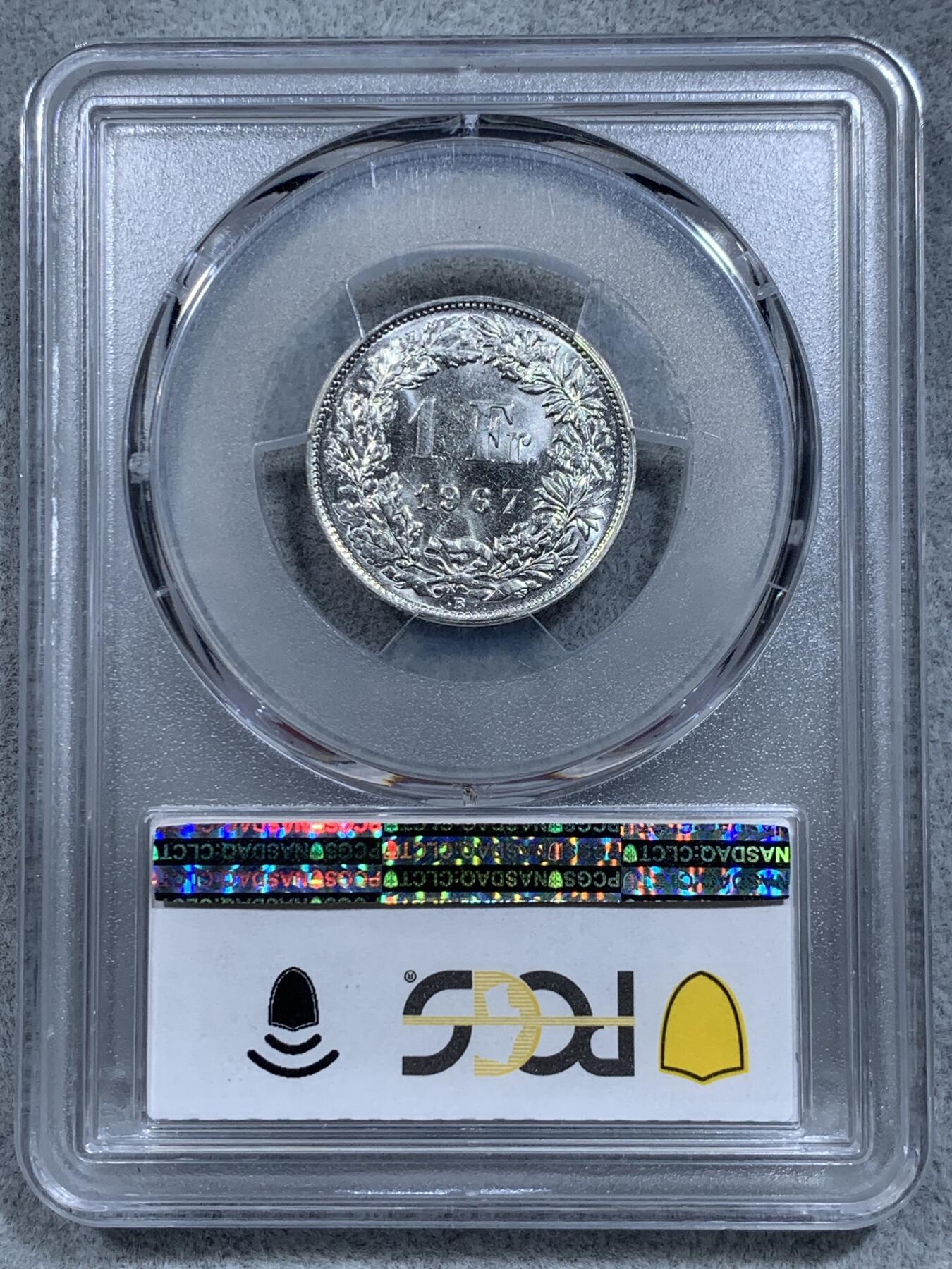 《竞宝斋》第314场 周日，周一，周二  3场连拍 （全场包邮） PCGS MS66 瑞士 1967年 1法郎 银币 高分 镜面光