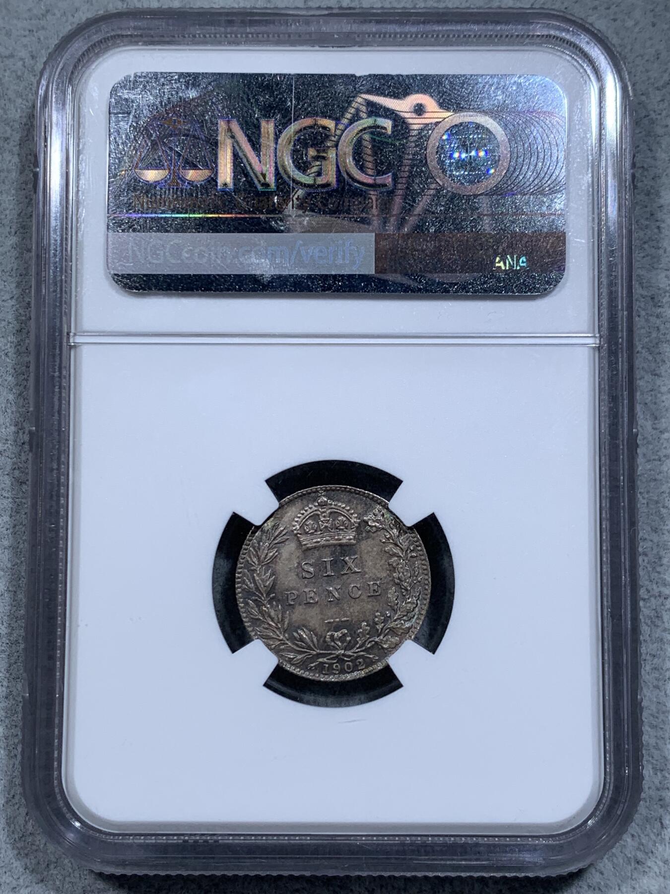《竞宝斋》第314场 周日，周一，周二  3场连拍 （全场包邮） NGC MS63 英国 1902年 爱德华七世 6便士 银币 五彩包浆 普品好品比精制少的多 年份标错