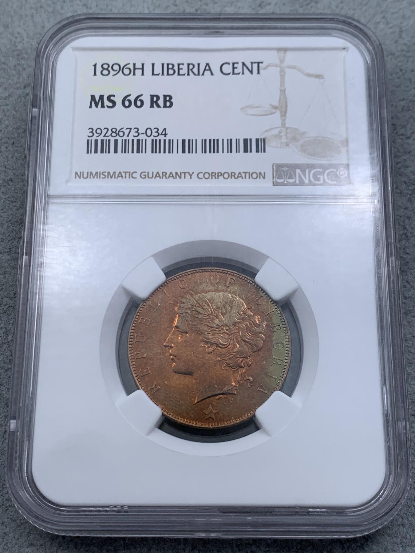 《竞宝斋》第314场 周日，周一，周二  3场连拍 （全场包邮） NGC MS66RB 利比里亚1896年1分铜币