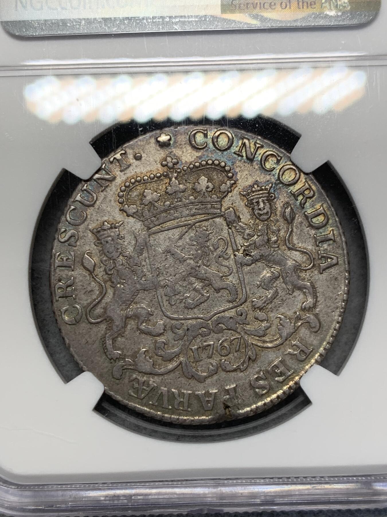 《竞宝斋》第314场 周日，周一，周二  3场连拍 （全场包邮） NGC AU53 荷兰 1767年 荷兰省 1/2杜卡特马健银币 比较少的省 味道相当不错