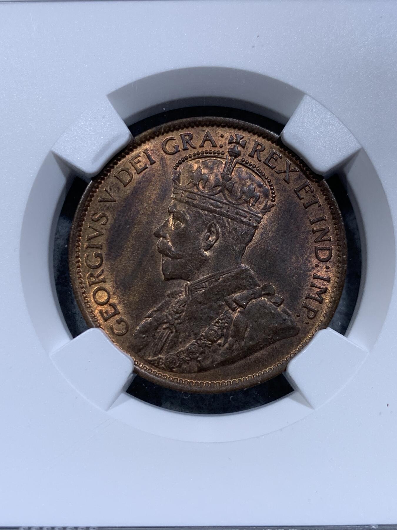 《竞宝斋》第314场 周日，周一，周二  3场连拍 （全场包邮） NGC MS64RB 加拿大1913年乔治五世1分铜币，早期大版。不多见的品种。63分克书价80美元，此枚64RB，收藏级高分