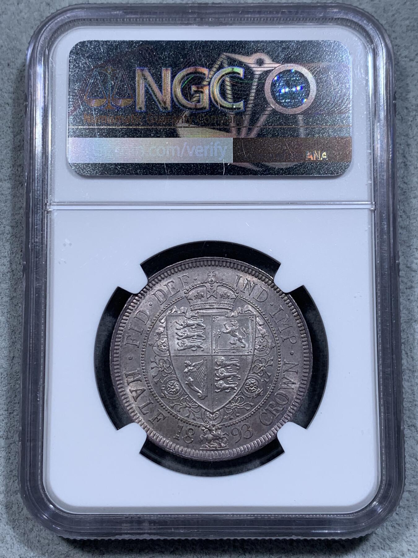 《竞宝斋》第314场 周日，周一，周二  3场连拍 （全场包邮） NGC MS62 英国 1893年 维多利亚 半克朗 银币