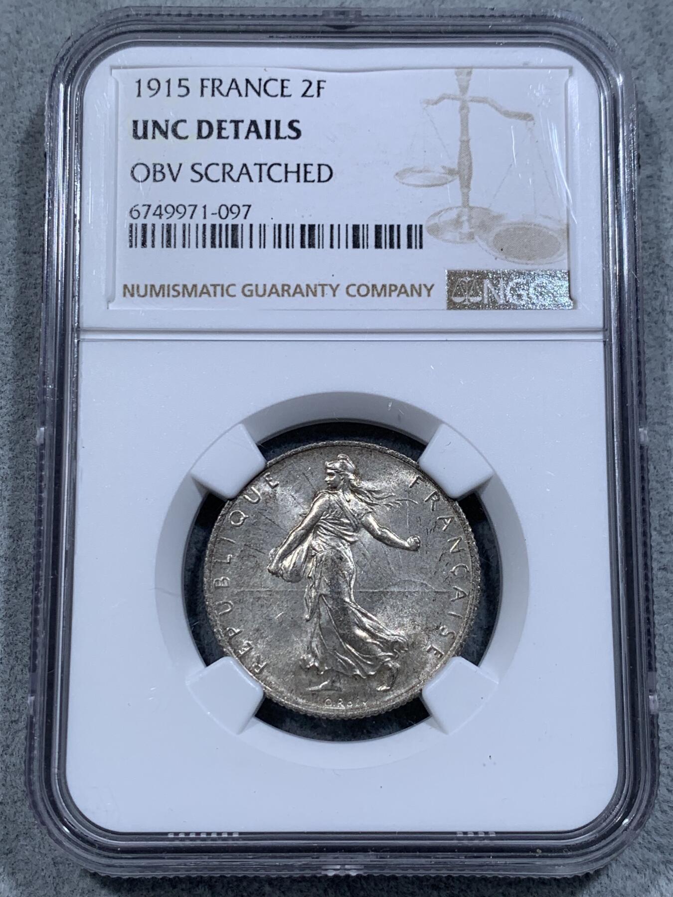 《竞宝斋》第314场 周日，周一，周二  3场连拍 （全场包邮） NGC UNC 法国1915年播种女神2法郎银币
