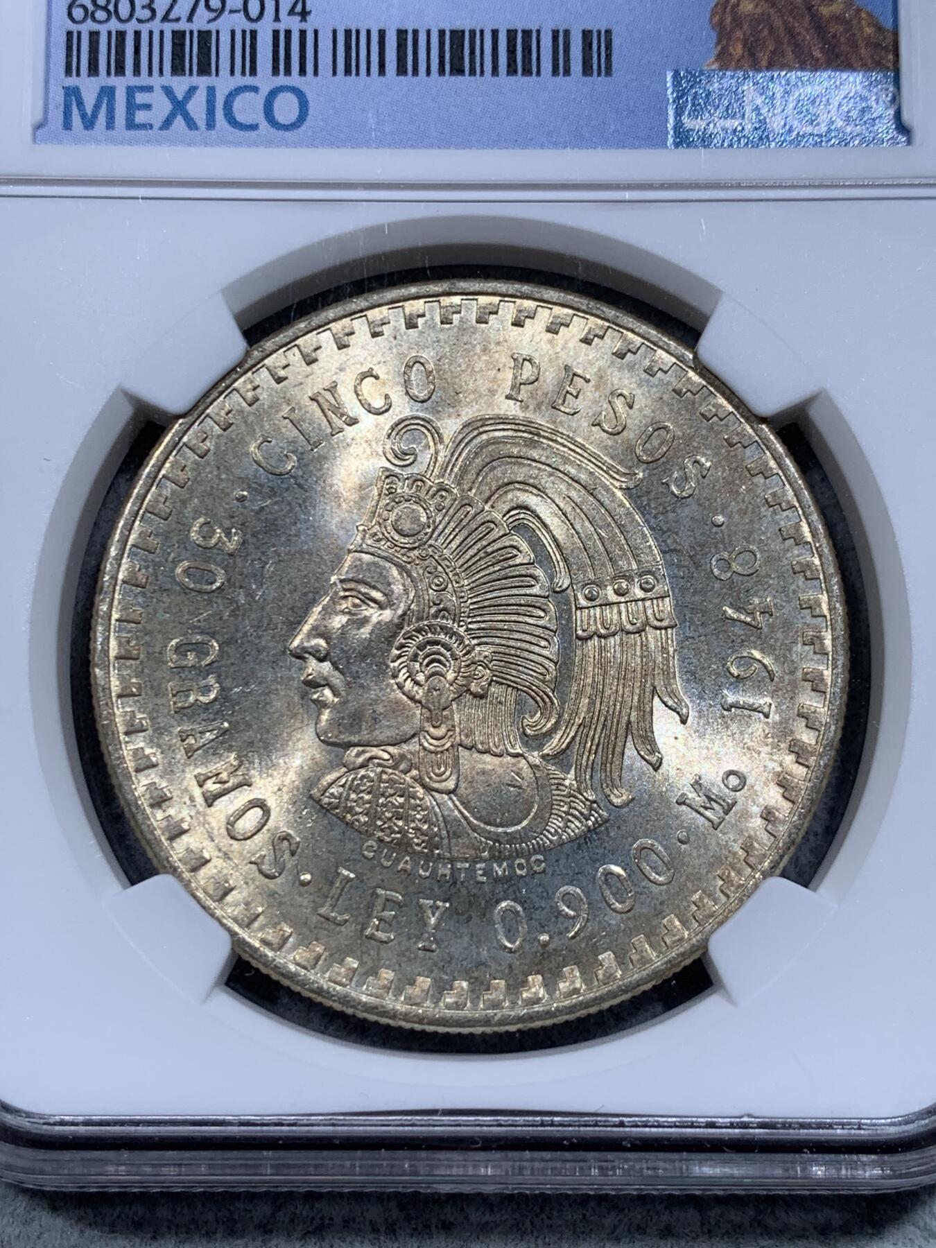 《竞宝斋》第314场 周日，周一，周二  3场连拍 （全场包邮） NGC MS65 墨西哥1948年玛雅酋长5比索鹰洋大银币