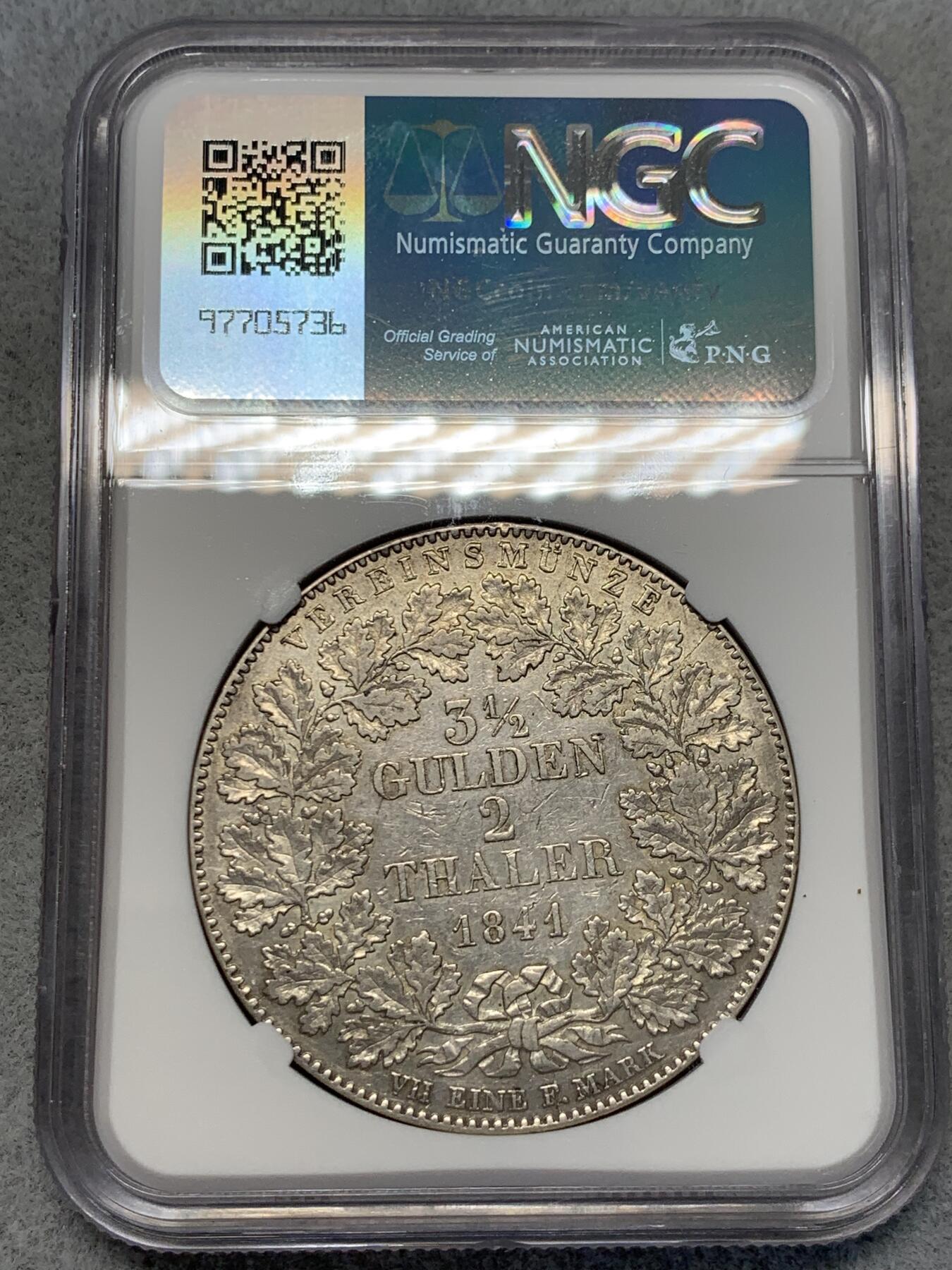 《竞宝斋》第314场 周日，周一，周二  3场连拍 （全场包邮） NGC AUD 德国 1841 法兰克福 景观 2泰勒 大银币 上涨品种