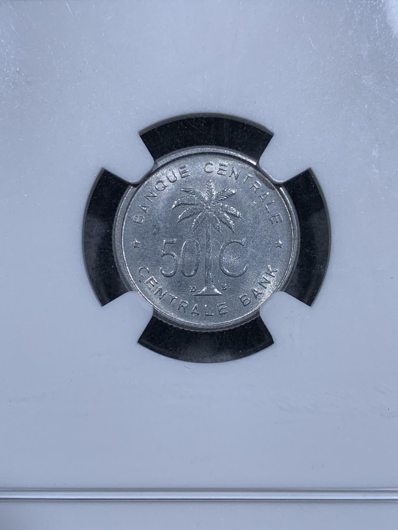 《竞宝斋》第314场 周日，周一，周二  3场连拍 （全场包邮） NGC MS65 高分特年！ 1954比属刚果50分铝币 1954只有1955发行量的1/5 铝币好品更是凤毛麟角 这枚65分两面爆光品相 可遇不可求 椰树图案非常经典