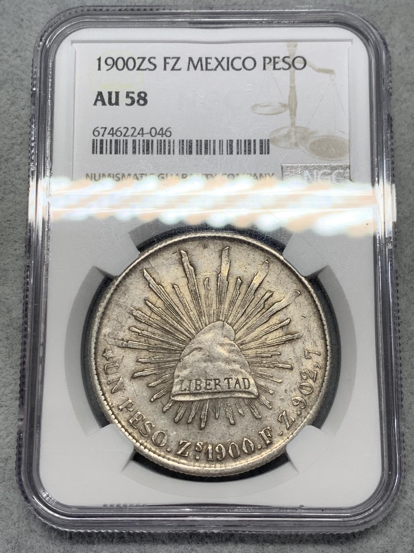 《竞宝斋》第314场 周日，周一，周二  3场连拍 （全场包邮） NGC AU58 墨西哥 1900 ZS 直边鹰洋银币 淡彩包浆