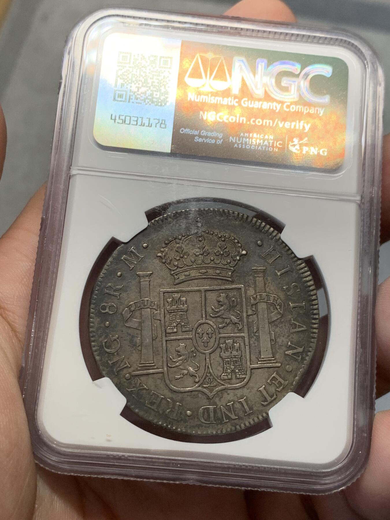 《竞宝斋》第314场 周日，周一，周二  3场连拍 （全场包邮） NGC AU 危地马拉1802年卡四8R双柱大银币