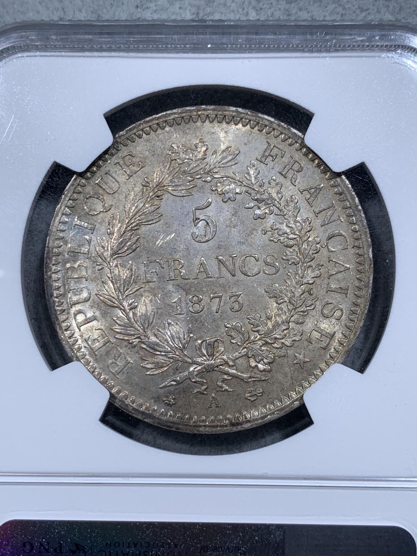 《竞宝斋》第314场 周日，周一，周二  3场连拍 （全场包邮） NGC MS63 法国1873年大力神5法郎银币