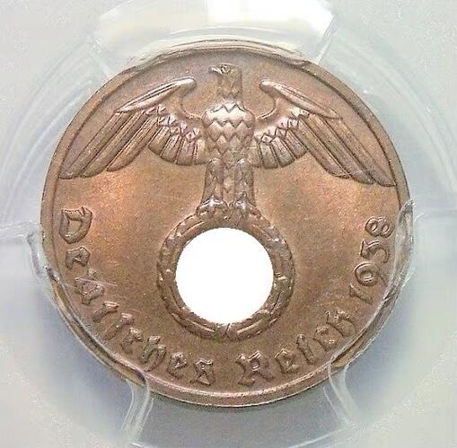 金盾PCGS MS64RB 德国第三帝国1938年G版1芬尼 难得开卷原光