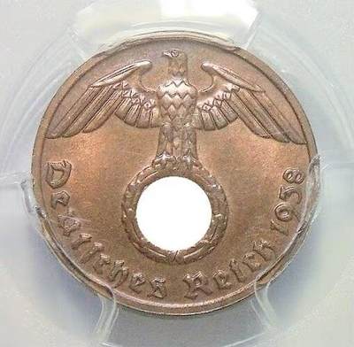 金盾PCGS MS64RB 德国第三帝国1938年G版1芬尼 难得开卷原光 - 金盾PCGS MS64RB 德国第三帝国1938年G版1芬尼 难得开卷原光